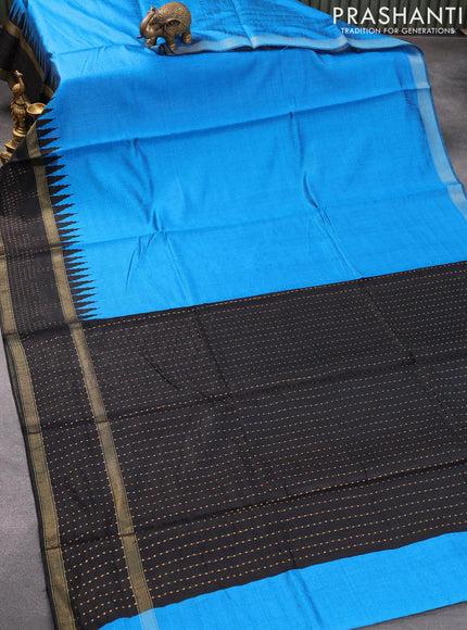 Dupion silk saree cs blue and black with plain body and temple design rettapet zari woven border