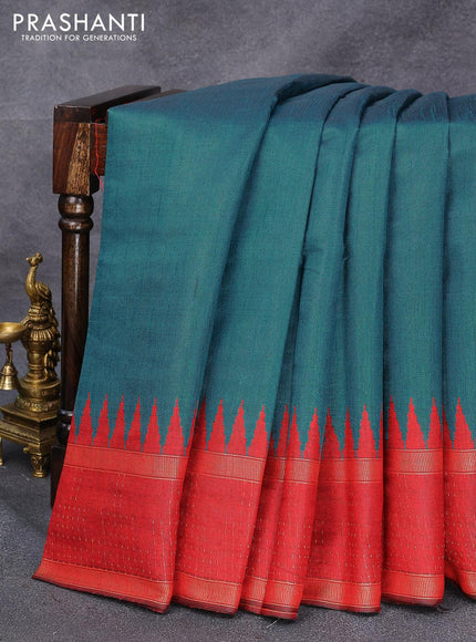 Dupion silk saree peacock green and red with plain body and temple design rettapet zari woven border