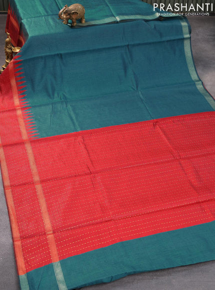 Dupion silk saree peacock green and red with plain body and temple design rettapet zari woven border