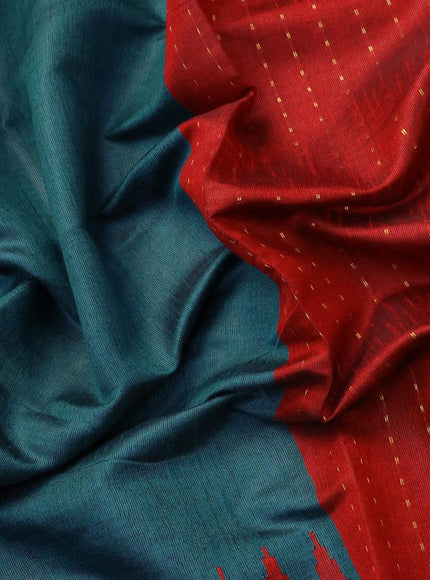 Dupion silk saree peacock green and red with plain body and temple design rettapet zari woven border