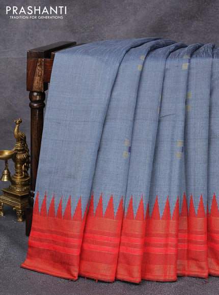 Dupion silk saree grey and red with zari woven buttas and temple design zari woven border