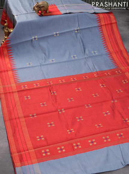 Dupion silk saree grey and red with zari woven buttas and temple design zari woven border