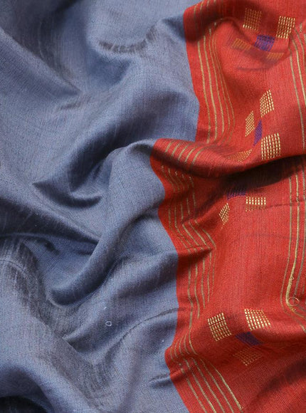 Dupion silk saree grey and red with zari woven buttas and temple design zari woven border