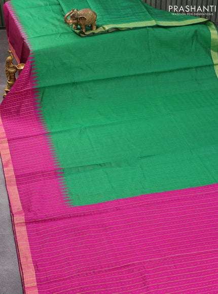 Dupion silk saree green and magenta pink with plain body and temple design zari woven border