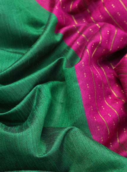 Dupion silk saree green and magenta pink with plain body and temple design zari woven border