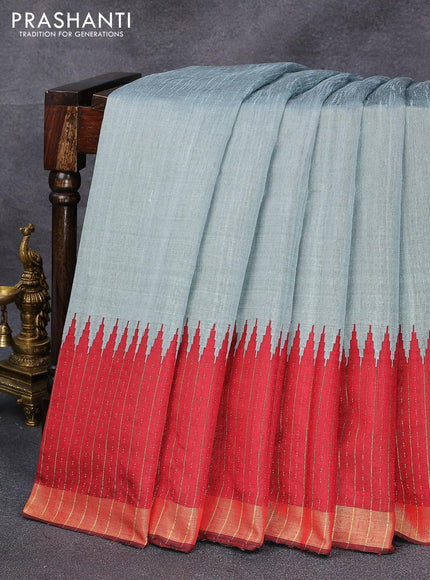 Dupion silk saree grey and maroon with plain body and temple design zari woven border