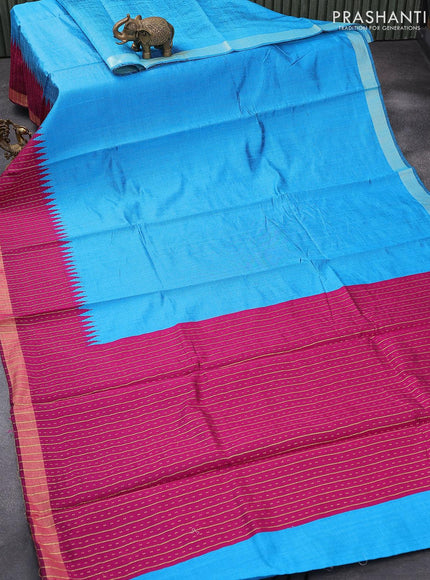 Dupion silk saree cs blue and magenta pink with plain body and temple design zari woven border