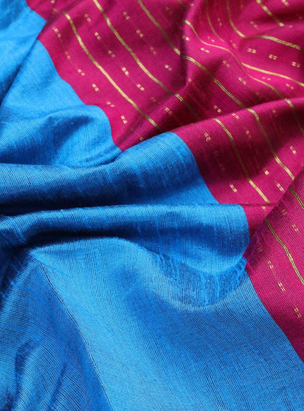 Dupion silk saree cs blue and magenta pink with plain body and temple design zari woven border