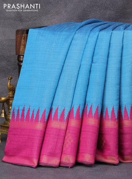 Dupion silk saree cs blue and magenta pink with plain body and temple design rettapet zari woven butta border