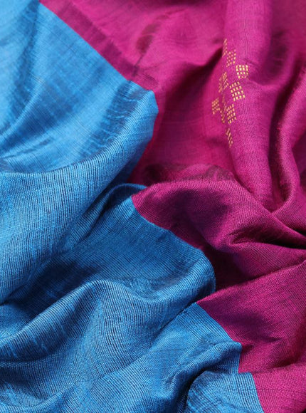 Dupion silk saree cs blue and magenta pink with plain body and temple design rettapet zari woven butta border