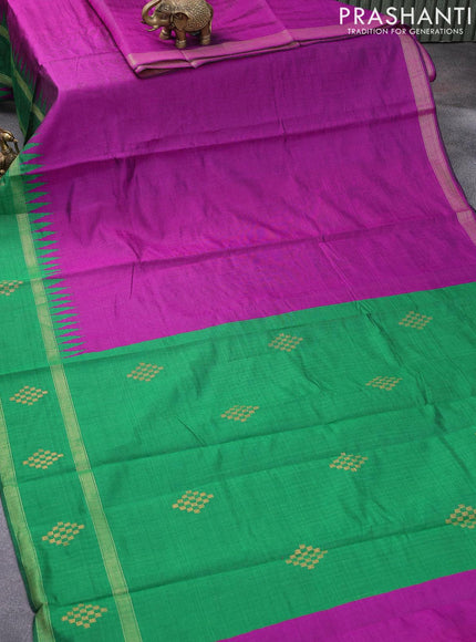 Dupion silk saree purple and green with plain body and temple design rettapet zari woven butta border