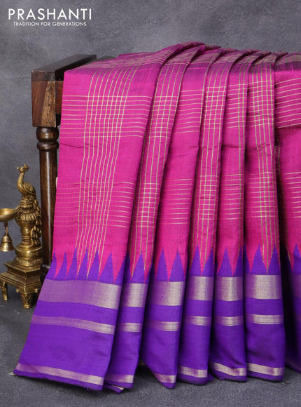 Dupion silk saree magenta pink and violet with allover zari weaves and temple design zari woven border