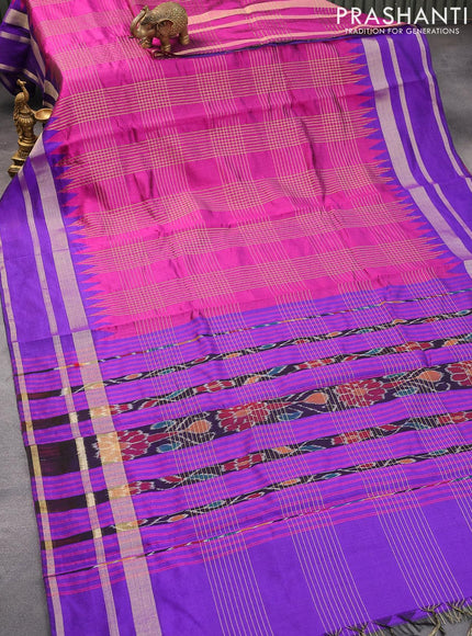 Dupion silk saree magenta pink and violet with allover zari weaves and temple design zari woven border