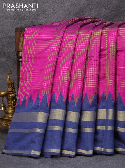 Dupion silk saree magenta pink and blue with allover zari weaves and temple design zari woven border