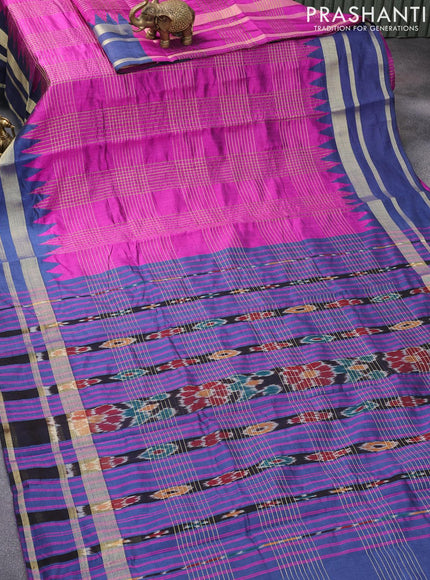 Dupion silk saree magenta pink and blue with allover zari weaves and temple design zari woven border