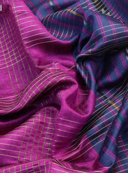 Dupion silk saree magenta pink and blue with allover zari weaves and temple design zari woven border