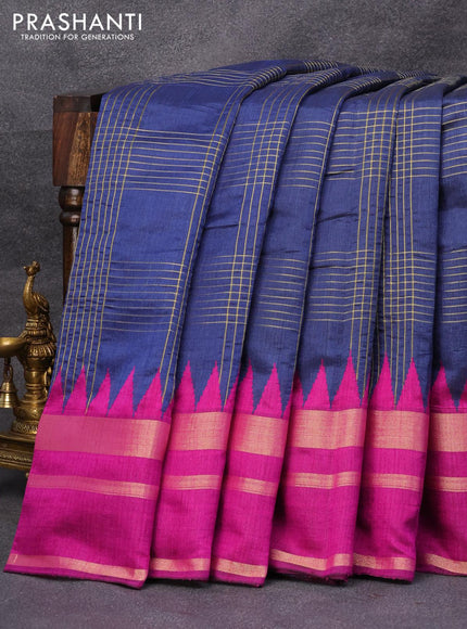 Dupion silk saree blue and magenta pink with allover zari weaves and temple design zari woven border