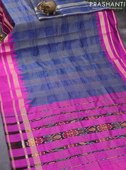 Dupion silk saree blue and magenta pink with allover zari weaves and temple design zari woven border