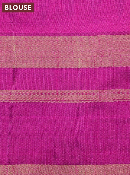 Dupion silk saree blue and magenta pink with allover zari weaves and temple design zari woven border