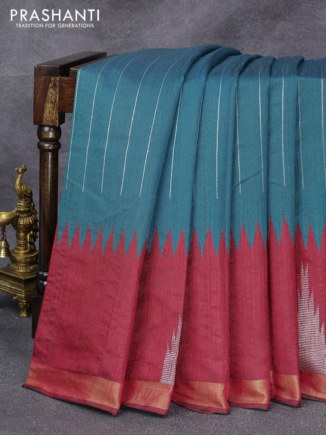 Dupion silk saree peacock green and maroon with allover silver zari woven stripes pattern and temple design zari woven border