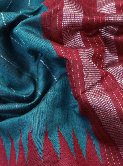 Dupion silk saree peacock green and maroon with allover silver zari woven stripes pattern and temple design zari woven border