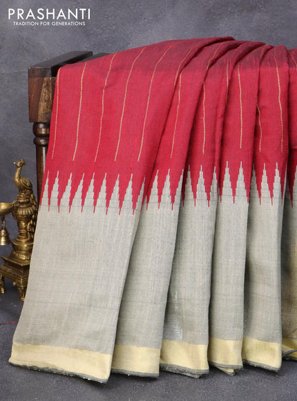 Dupion silk saree maroon and grey with allover silver zari woven stripes pattern and temple design zari woven border