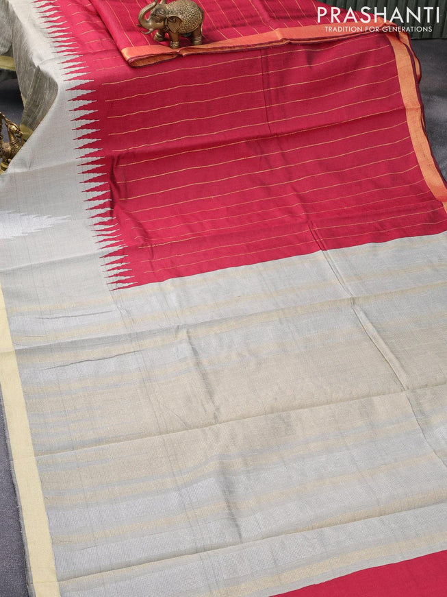 Dupion silk saree maroon and grey with allover silver zari woven stripes pattern and temple design zari woven border