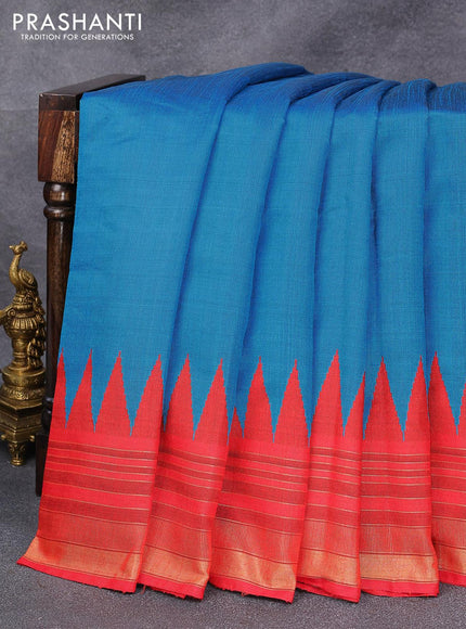 Dupion silk saree cs blue and red with thread woven buttas and temple design zari woven border