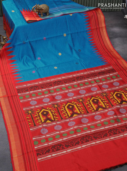 Dupion silk saree cs blue and red with thread woven buttas and temple design zari woven border