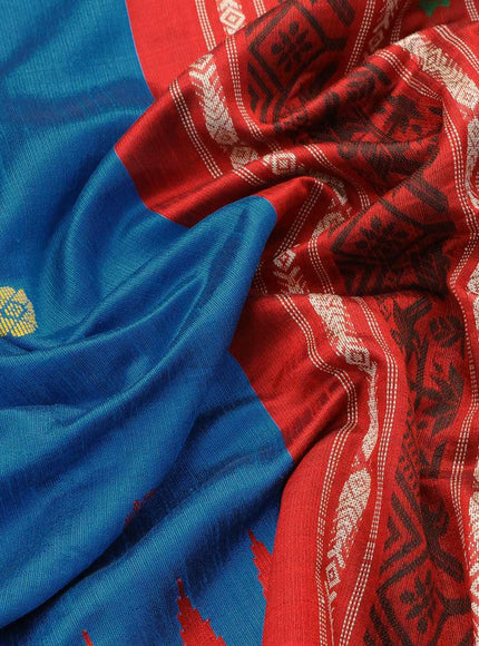 Dupion silk saree cs blue and red with thread woven buttas and temple design zari woven border