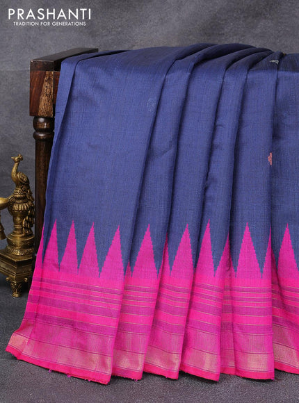 Dupion silk saree blue and pink with thread woven buttas and temple design zari woven border