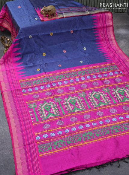 Dupion silk saree blue and pink with thread woven buttas and temple design zari woven border