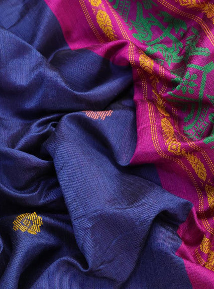 Dupion silk saree blue and pink with thread woven buttas and temple design zari woven border