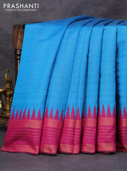 Dupion silk saree cs blue and magenta pink with plain body and temple design zari woven border