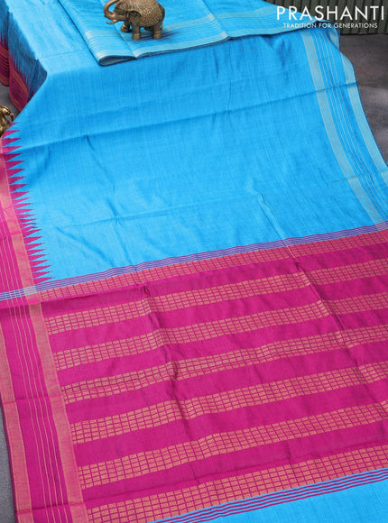 Dupion silk saree cs blue and magenta pink with plain body and temple design zari woven border