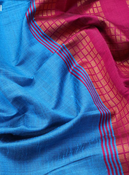 Dupion silk saree cs blue and magenta pink with plain body and temple design zari woven border