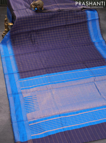 Dupion silk saree blue and cs blue with allover zari checked pattern and temple design rettapet zari woven border