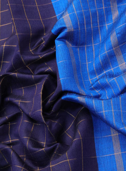 Dupion silk saree blue and cs blue with allover zari checked pattern and temple design rettapet zari woven border