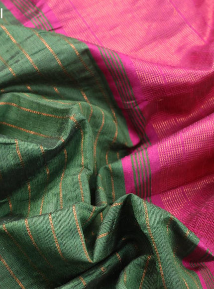 Dupion silk saree green and magenta pink with allover copper zari weaves and temple design rettapet zari woven border