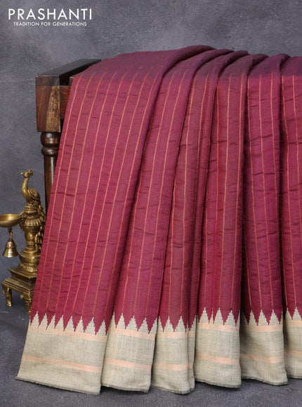 Dupion silk saree maroon and beige with allover copper zari weaves and temple design rettapet zari woven border