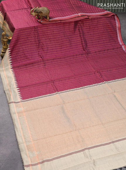 Dupion silk saree maroon and beige with allover copper zari weaves and temple design rettapet zari woven border