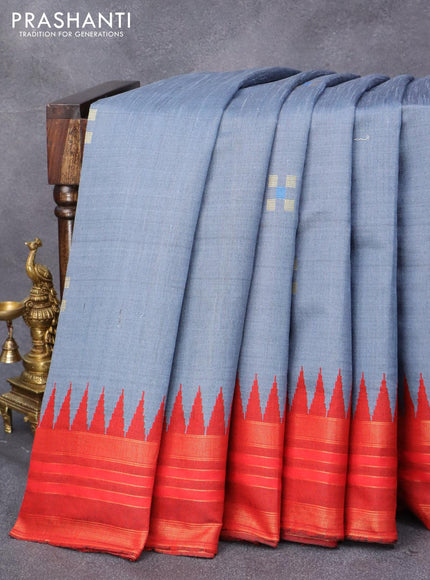 Dupion silk saree grey and red with zari woven buttas and temple design zari woven border