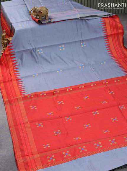 Dupion silk saree grey and red with zari woven buttas and temple design zari woven border