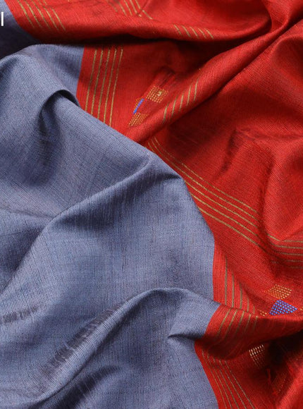 Dupion silk saree grey and red with zari woven buttas and temple design zari woven border