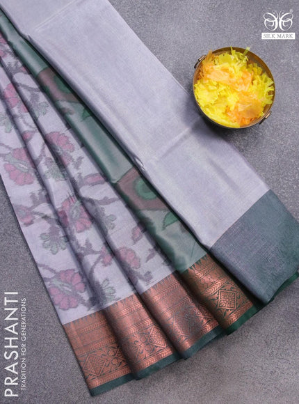 Banarasi semi tussar saree grey and green with allover ikat weaves and copper zari woven border