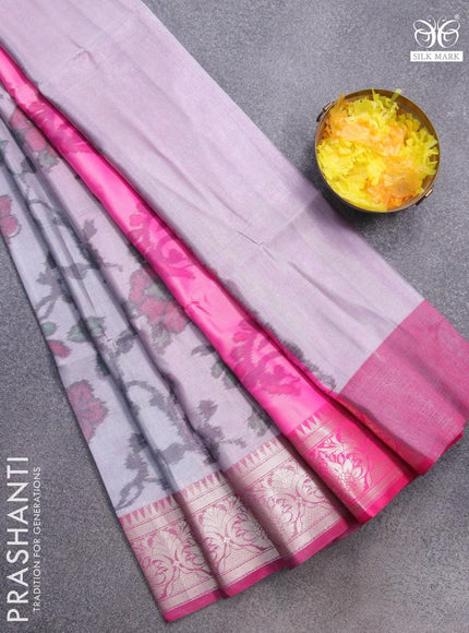 Banarasi semi tussar saree pastel grey and pink with allover ikat weaves and zari woven border