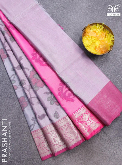 Banarasi semi tussar saree pastel grey and pink with allover ikat weaves and zari woven border