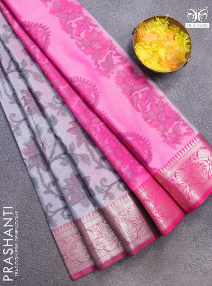 Banarasi semi tussar saree pastel grey and pink with allover ikat weaves and silver zari woven border