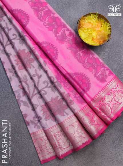 Banarasi semi tussar saree pastel pink and pink with allover ikat weaves and silver zari woven border