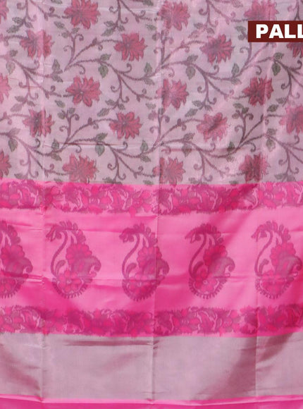 Banarasi semi tussar saree pastel pink and pink with allover ikat weaves and silver zari woven border